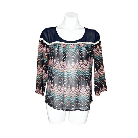 Collective Concepts Sheer Boho Blouse Navy Multi Chevron Print 3/4 Sleeve Top - Picture 2 of 7